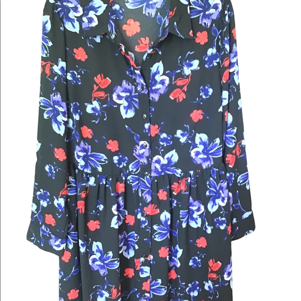 Woman Within blue floral dress Sz 14/16 M mini button down front long sleeve
